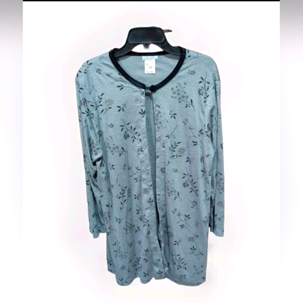 Kathy Ireland Slinky Knit Gray Floral Open Cardigan Size Large Poly/Rayon